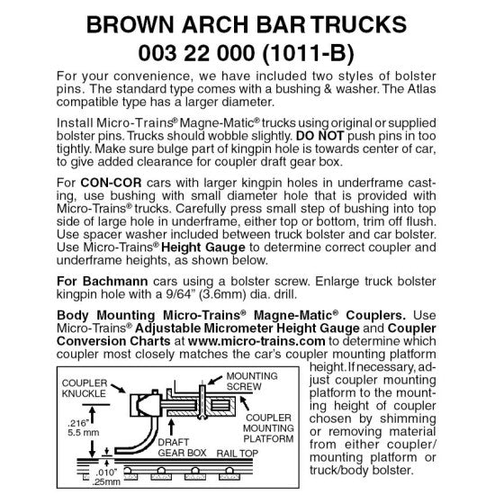 00322000 MICRO TRAINS / 003 22 000 ARCH BAR TRUCKS (1011-B) W/O COUPLERS- (SCALE=N)