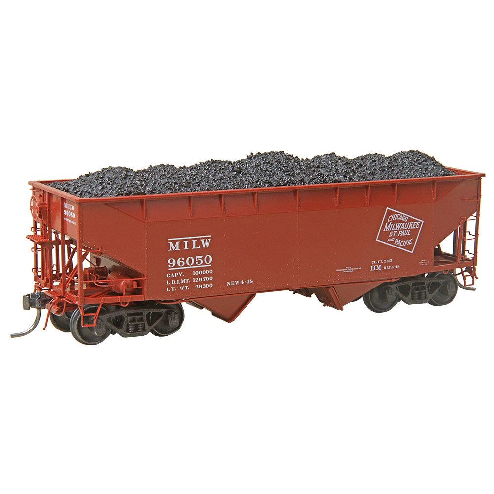 Kadee 7529 50-Ton AAR Standard Offset 2-Bay Open Hopper with Coal Load - Ready to Run -- Milwaukee Road #96050 (As-Delivered, red oxide, CMStP&P Logo)) HO Scale