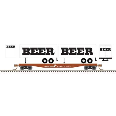Atlas 50006517 50' Piggyback Flatcar w/Two 24' Trailers - Ready to Run -- Conrail #700830 (BEER Trailers, white, black) N Scale