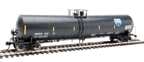 Walthers Mainline 910-1270 Trinity 25,000-Gallon Tank Car Interstate Asphalt PRTX #137 (black, white, yellow conspicuity stripes) HO Scale