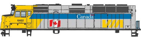 Walthers Mainline 910-19469 EMD F40PH VIA Rail Canada #6402 (Canada Scheme, gray, blue, yellow, with Flag) ESU Sound and DCC HO Scale