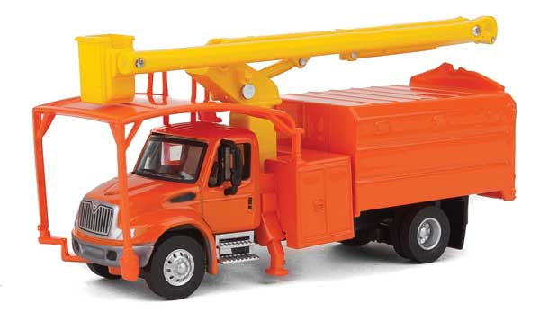 Walthers 949-11744 International 4300 2-Axle Truck with Tree Trimmer Body Orange Cab and Body, Yellow Boom - Assembled HO Scale SceneMaster
