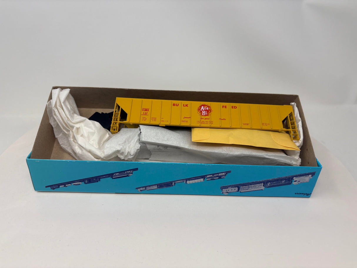 Bev-Bel 1407-1 54' P.S. Ribside Hopper CLMX Ace-Hi Bulk Feed "...Good Results" #137 HO Scale