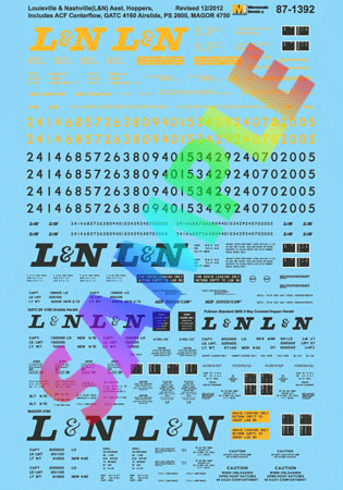 thumbnail image 2 of HO Scale Microscale Decal 87-1392 | Louisville & Nashville ACF, Airslide, P-S & Magor C 2 of 6