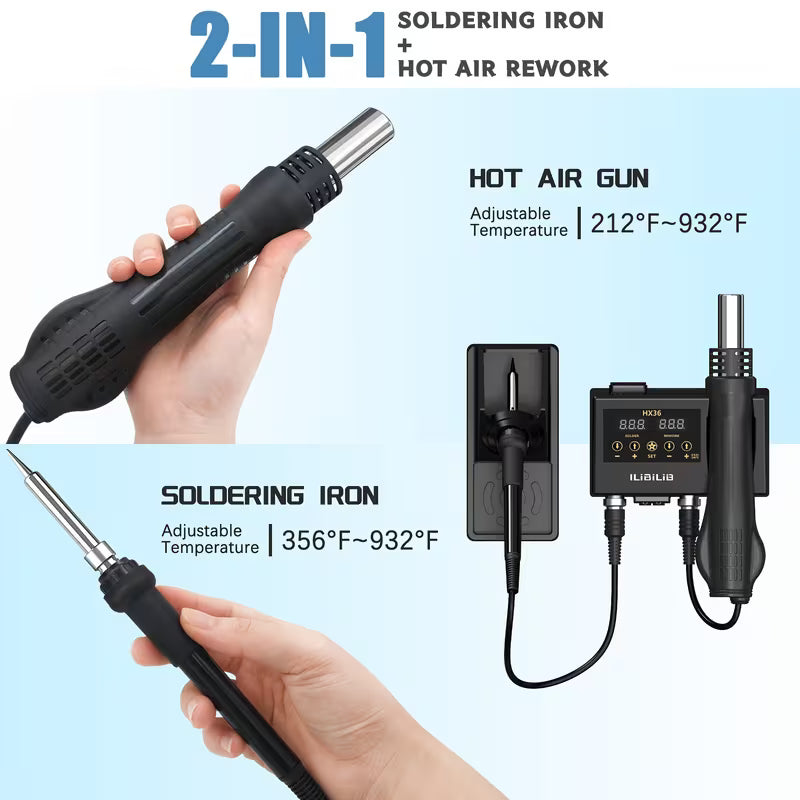 600W 2-in-1 Digital Soldering Station - Temperature Adjustable Soldering Iron And Hot Air Gun for PCB IC Rework Repair - Advanced Soldering Tools for Electronics Hobbyists And Professionals ALL Scale