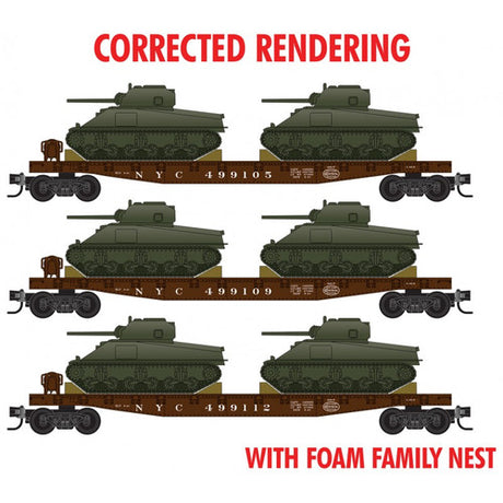 MICRO TRAINS 993 02 219 Flat Car - New Your Central w/ Sherman Tank Load 3 car Runner Pack N Scale