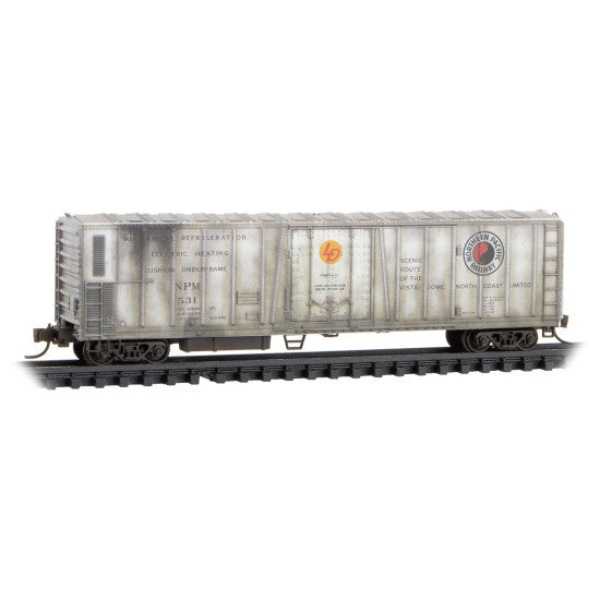 Micro Trains 081 44 040 PC&F Class R-70-13 Steel Mechanical Reefer No Roofwalk - Ready to Run -- Northern Pacific #531 (Weathered, silver, Medium Monad Logo) N Scale