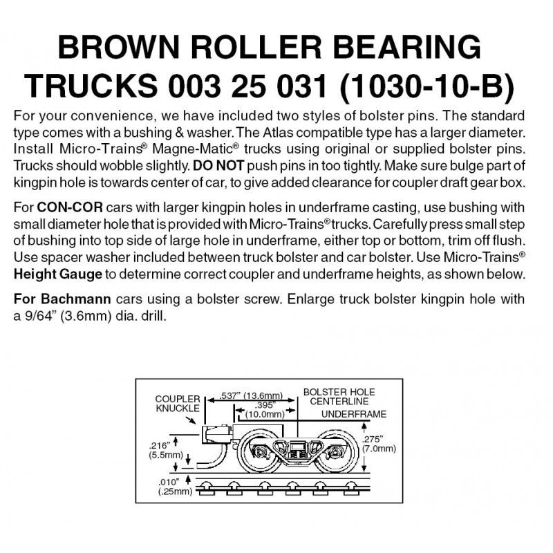 00312531 MICRO TRAINS / 003 25 031 ROLLER BEARING TRUCKS (1030-10-B)  (SCALE=N)