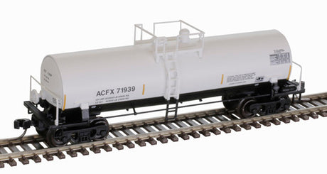 Atlas 50006149 ACFX 71928 (white, black, yellow conspicuity marks) ACF 14,000 Gallon Kaolin Tank Car N Scale