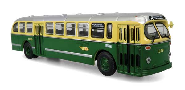 Iconic 870371 1940s-1950s ACF Brill CD-44 Transit Bus - Assembled -- Philadelphia Transportation Co. (green, yellow, silver) HO Scale