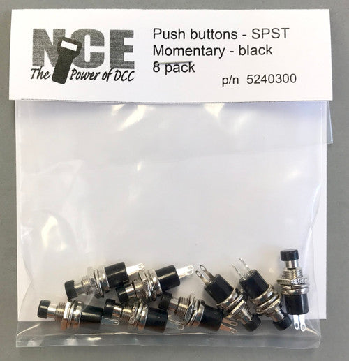 300 NCE / 8 pack N.O. Momentary SPST Pushbutton Black  (SCALE=ALL) Part # 524-300