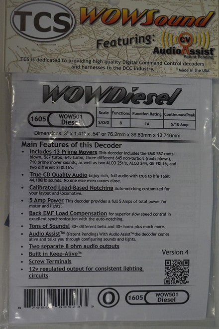 1605 TCS Train Control Systems / WOW501 Sound, 5-Amp, Diesel Locomotive Dec (SCALE=HO) Part # 745-1605