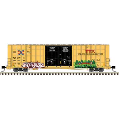 Atlas 50006938 Gunderson 7550 Double-Door Boxcar - Ready to Run -- TTX TBOX #664263 (yellow, black, red logo, Graffiti) N Scale