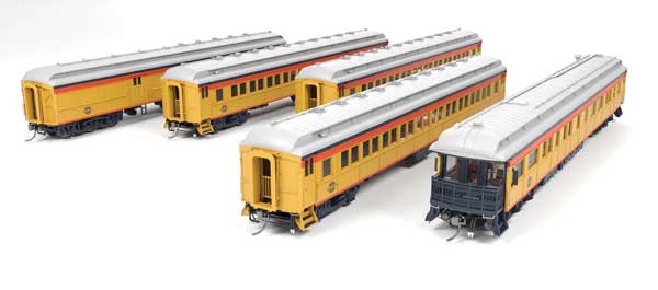 Broadway Limited 9714 Heavyweight 5-Car Combine, 3 P70 Coach, Business Car Set - Chessie Steam Special (yellow, blue, vermillion, silver) HO Scale