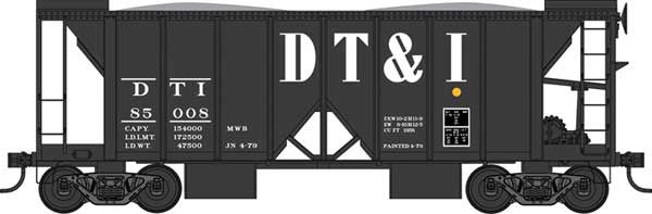 Bowser 42805 70-Ton 2-Bay Ballast Hopper with Side Chutes (Ballast Gates) - Detroit, Toledo & Ironton 85008 (Built 7-53, black, large DT&I) HO Scale