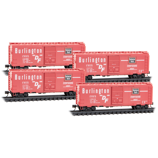 Micro-Trains 983 00 240 40' Standard Boxcars Chicago, Burlington and Quincy 4-Car Runner Pack #240 N Scale