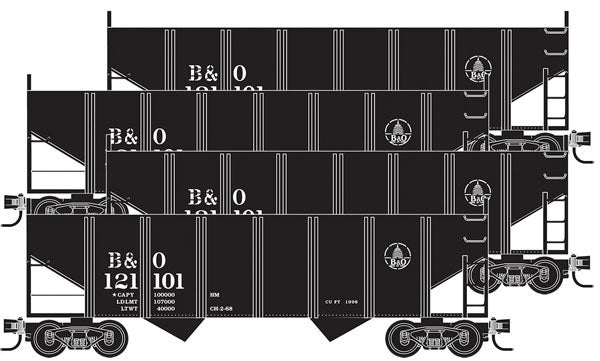 MICRO TRAINS 993 00 118 33' Rib-Side 2-Bay Hopper w/Peaked End 4-Car Runner Pack Baltimore & Ohio #121101, 121132, 122605, 122761 (black, Small Capitol Logo) N Scale