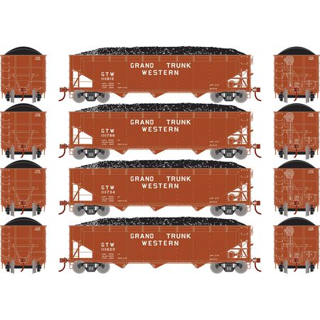 Athearn ATH33087 40' Offset Coal Hopper 4 Car Set with Load, GTW Grand Trunk Western Set #1 HO Scale