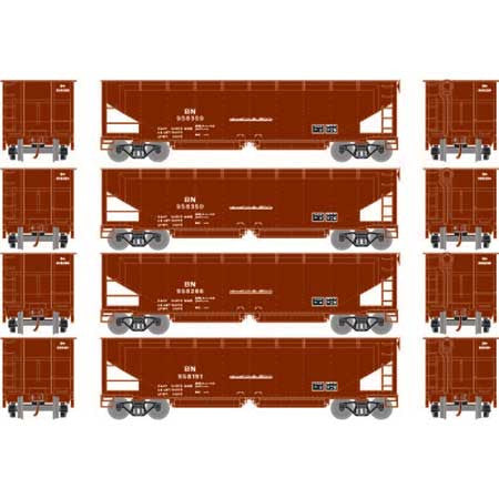 Athearn ATH7083 40' Offset Ballast Hopper w/Load, BN Burlington Northern Set #1 (4 Pack) HO Scale