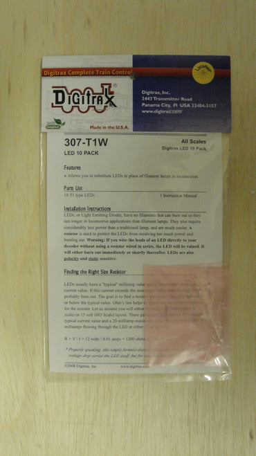 ACC-T1W Digitrax  / Warm White LEDs 10/  (Scale = ALL)  Part # 245-ACCT1W