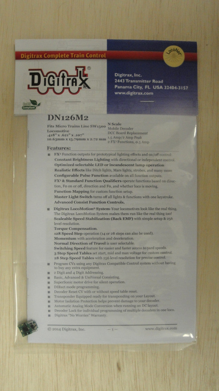 DN126M2 Digitrax / Motor/Function Decoder Series 6  (Scale = N)  Part # 245-DN126M2