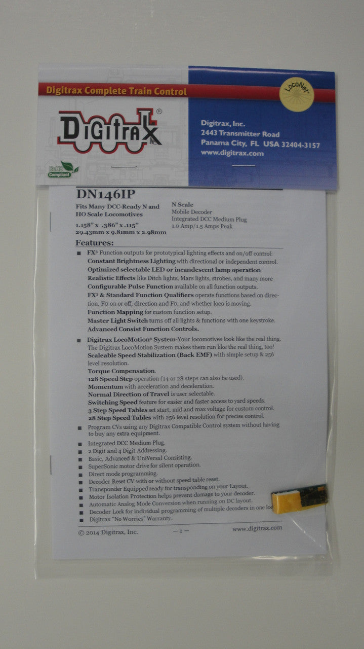 DN146IP Digitrax / Motor/Function Decoder (Scale = ALL)  Part # 245-DN146IP