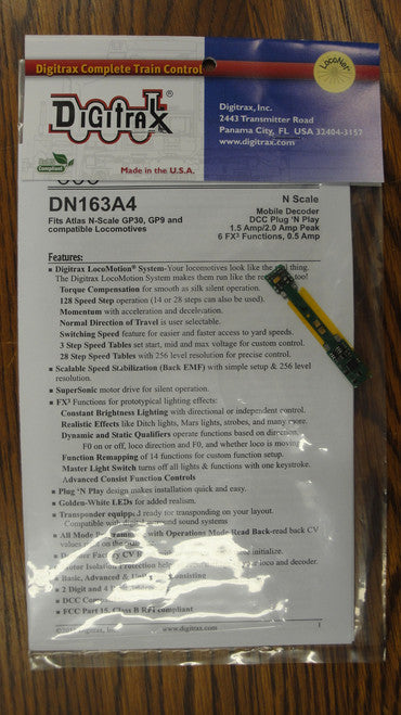 Digitrax DN163A4 Plug N'Play Decoder for Atlas GP7, GP9, GP15-1, GP30, GP35, and others; N Scale