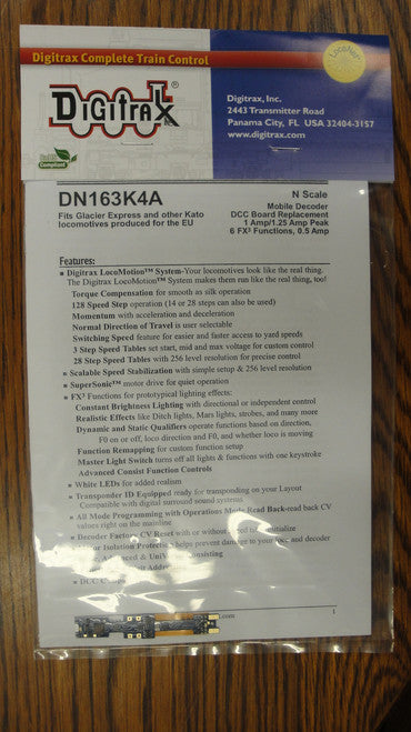 Digitrax DN163K4A Decoder for Kato Glacier Express, ACS64, SDP40F, FEF-3; N Scale