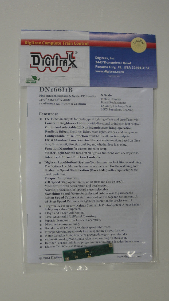 Digitrax DN166I1B Board Replacement DCC Decoder for Intermountain FTB; N Scale