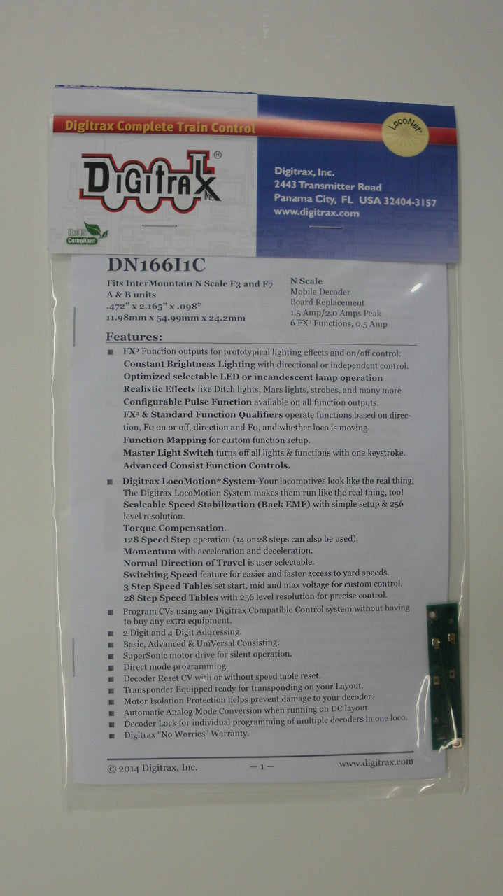 Digitrax DN166I1C Board Replacement DCC Decoder for Intermountain F3 and F7 A&B units with Motor Contact Shoes; N Scale