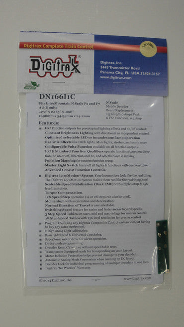 Digitrax DN166I1C Board Replacement DCC Decoder for Intermountain F3 and F7 A&B units with Motor Contact Shoes; N Scale