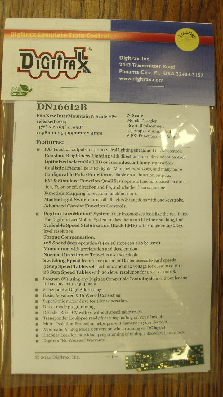 Digitrax DN166I2B Board Replacement for Intermountain FP7A with Wired Motors; N Scale