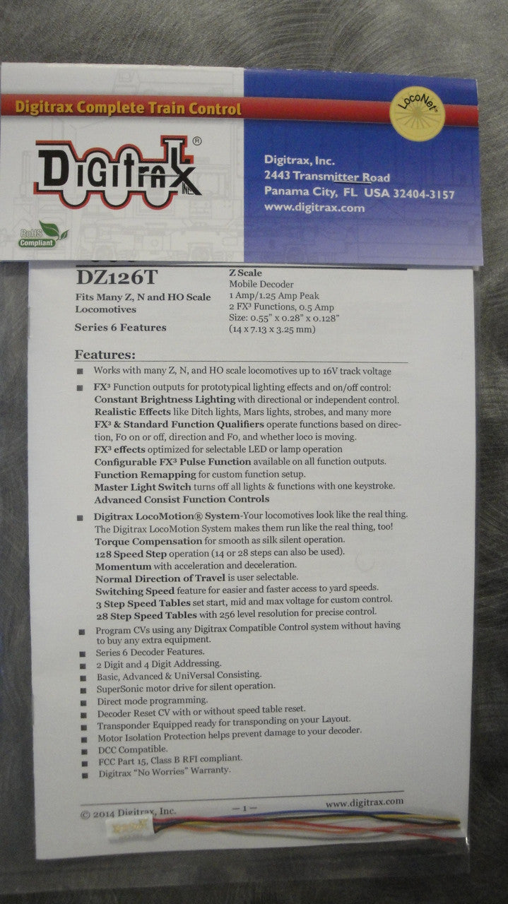 Digitrax DZ126T Tiny 2 Function Mobile Decoder; All Scales