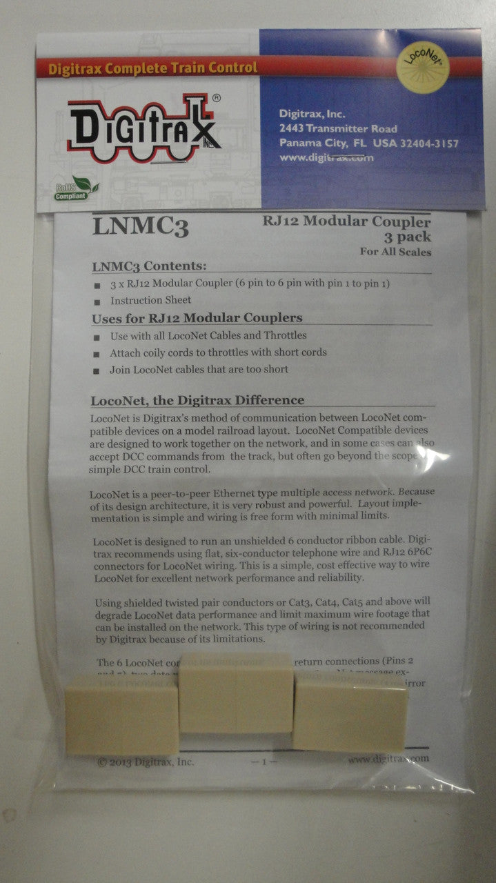 LNMC3 Digitrax / RJ12 Modular Adapter 3/ (Scale = ALL) Part # 245-LNMC3