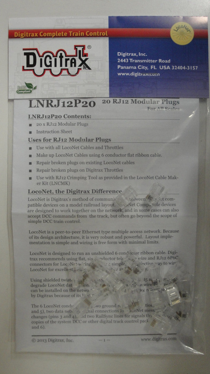 LNRJ12P20-RJ Digitrax / RJ12 Plugs 20/ (Scale = ALL) Part # 245-LNRJ12P20