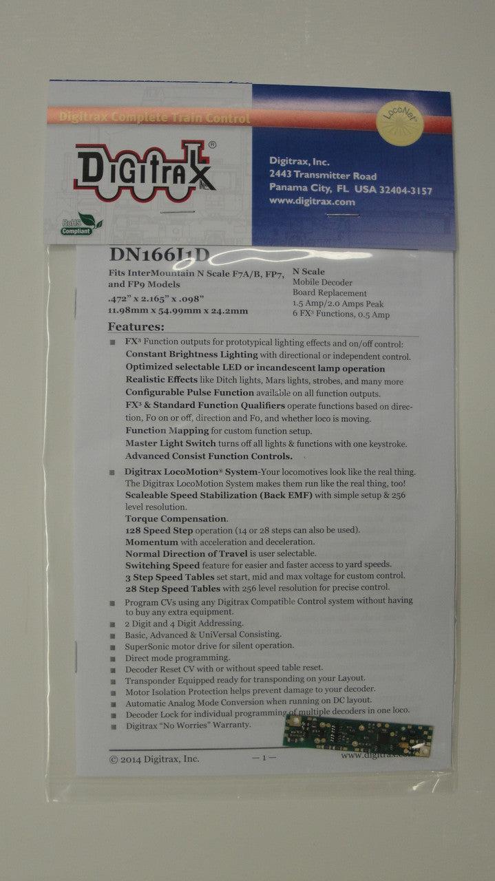 Digitrax DN166I1D Board Replacement DCC Decoder for Intermountain F3 & F7 A&B units with Wired Motors; N Scale