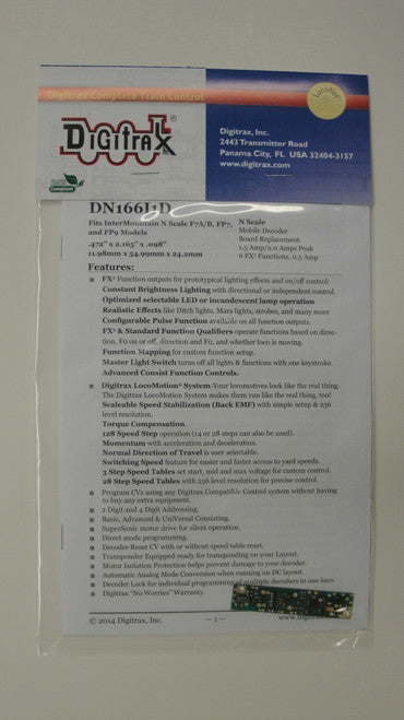 Digitrax DN166I1D Board Replacement DCC Decoder for Intermountain F3 & F7 A&B units with Wired Motors; N Scale