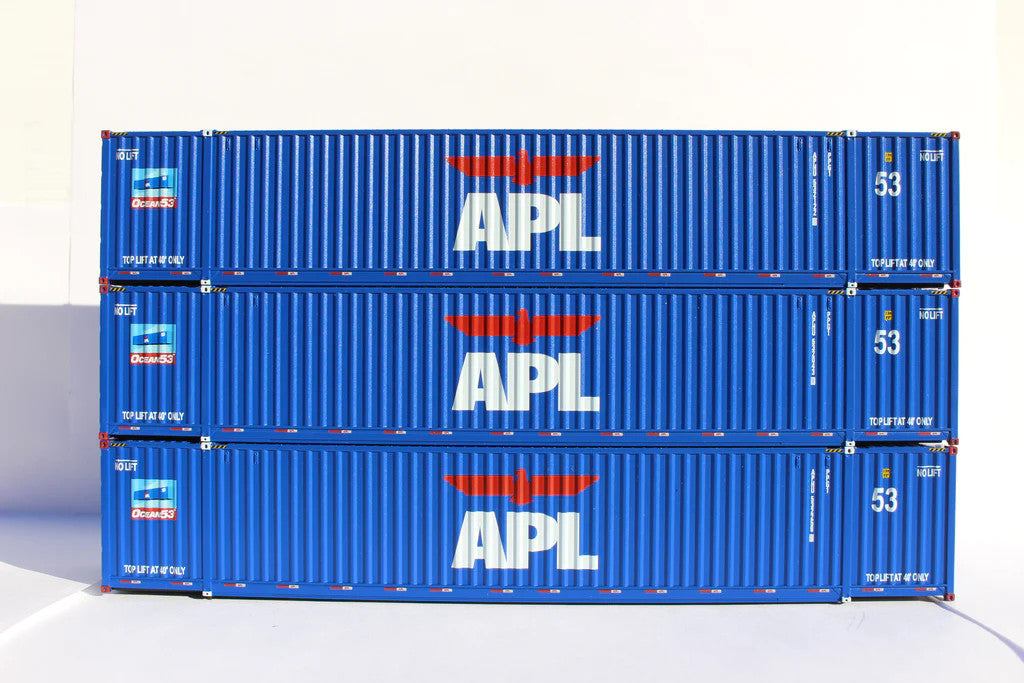 JTC MODEL TRAINS 953037 APL large logo set #1, "No Lift" Ocean 53' (HO Scale 1:87) 3 pack of containers with IBC castings at 53' corner HO Scale