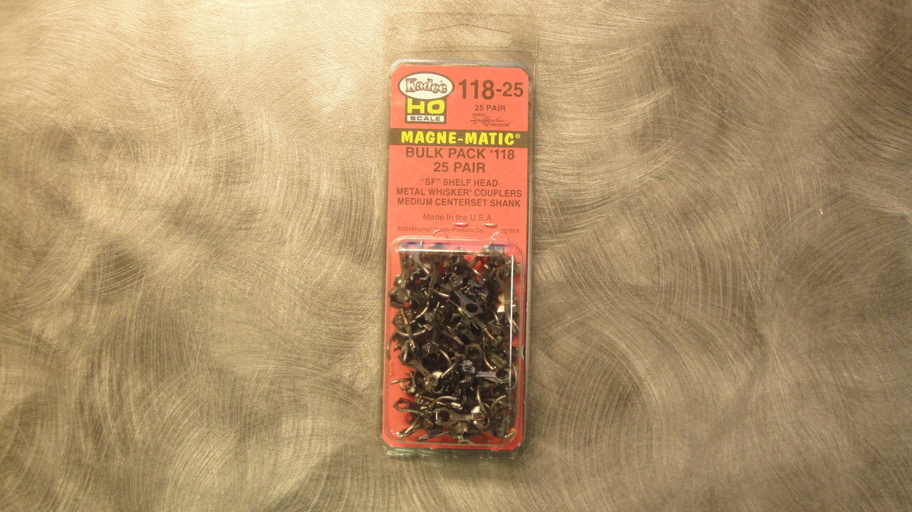 118-25 Kadee / bulk pack of 25 pair  # 118  Metal Knuckle Couplers --  SF  Shelf Type Medium (19/64 ) Centershank -  (HO Scale) Part # 380-118 -25