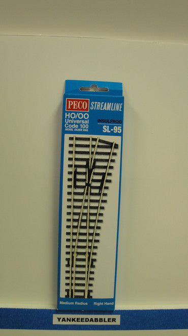 SL-95 Peco HO Code 100 Right-Hand Medium Radius Insulfrog Turnout (SCALE=HO ) Part # 552-SL-95