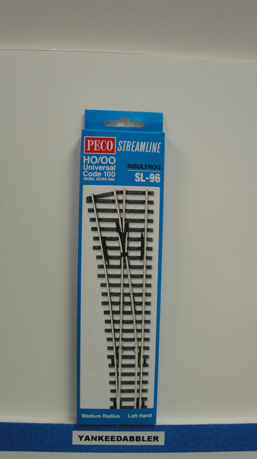 SL-96 Peco / SL-96 HO Code 100 Left-Hand Medium Radius Insulfrog Turnout (SCALE=HO ) Part # PCO-SL-96
