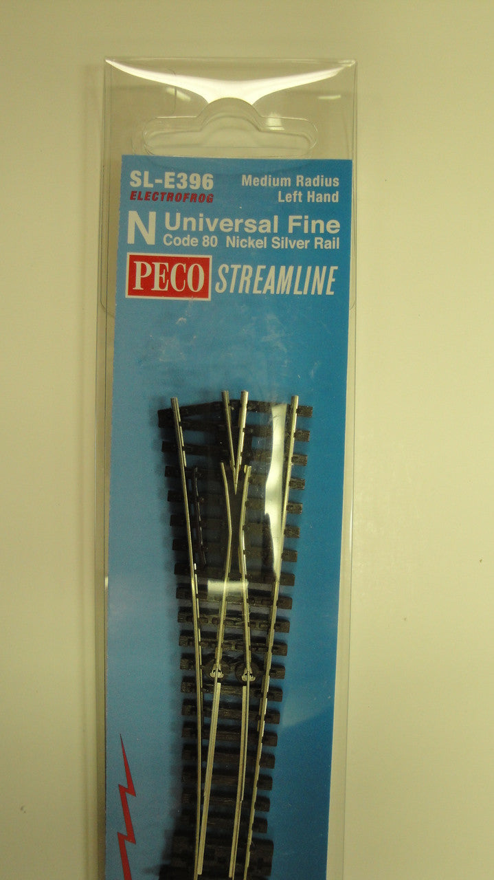 Peco SL-E396 N Scale Left Hand Medium Radius Electrofrog Turnout Code 80