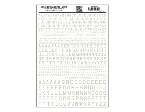 Woodland Scenics 740 Dry Transfer Alphabet & Numbers - 45-Degree USA Gothic (Military Style) -- White A Scale