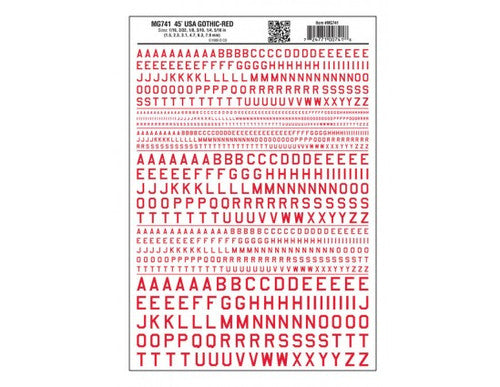 Woodland Scenics 741 Dry Transfer Alphabet & Numbers - 45-Degree USA Gothic (Military Style) -- Red A Scale
