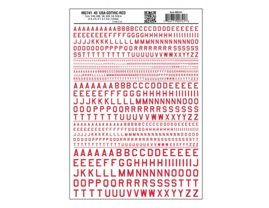 Woodland Scenics 741 Dry Transfer Alphabet & Numbers - 45-Degree USA Gothic (Military Style) -- Red A Scale