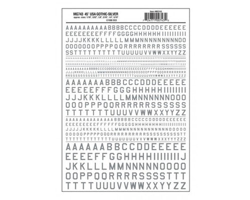 Woodland Scenics 743 Dry Transfer Alphabet & Numbers - 45-Degree USA Gothic (Military Style) -- Silver A Scale
