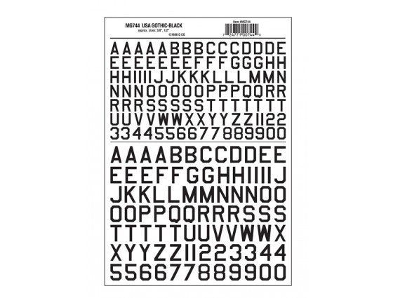Woodland Scenics 744 Dry Transfer Alphabet & Numbers - 45 Degree USA Gothic (Military; 3/8 & 1/2") -- Black A Scale