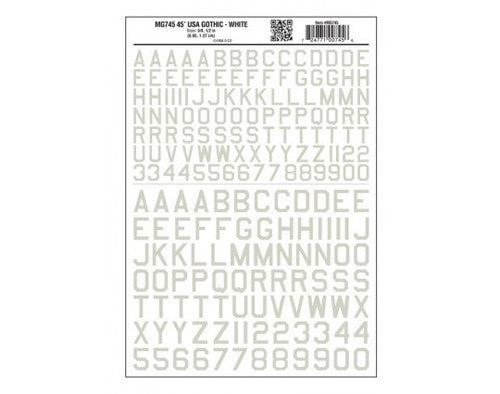 Woodland Scenics 745 Dry Transfer Alphabet & Numbers - 45 Degree USA Gothic (Military; 3/8 & 1/2") -- White A Scale