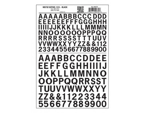 Woodland Scenics 732 Dry Transfer Alphabet & Numbers - Railroad Gothic - 3/8 & 1/2" 1 & 1.3cm -- Black A Scale