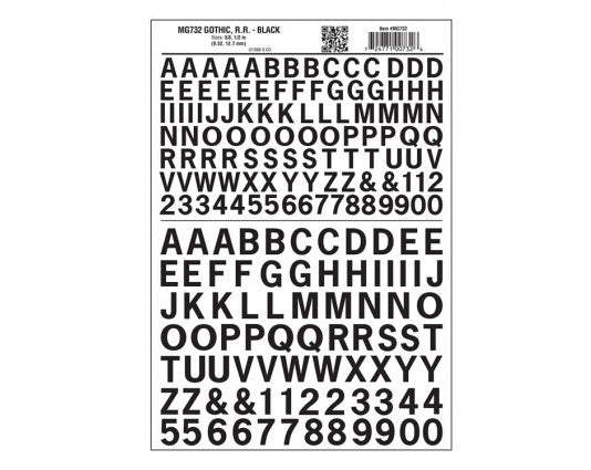 Woodland Scenics 732 Dry Transfer Alphabet & Numbers - Railroad Gothic - 3/8 & 1/2" 1 & 1.3cm -- Black A Scale